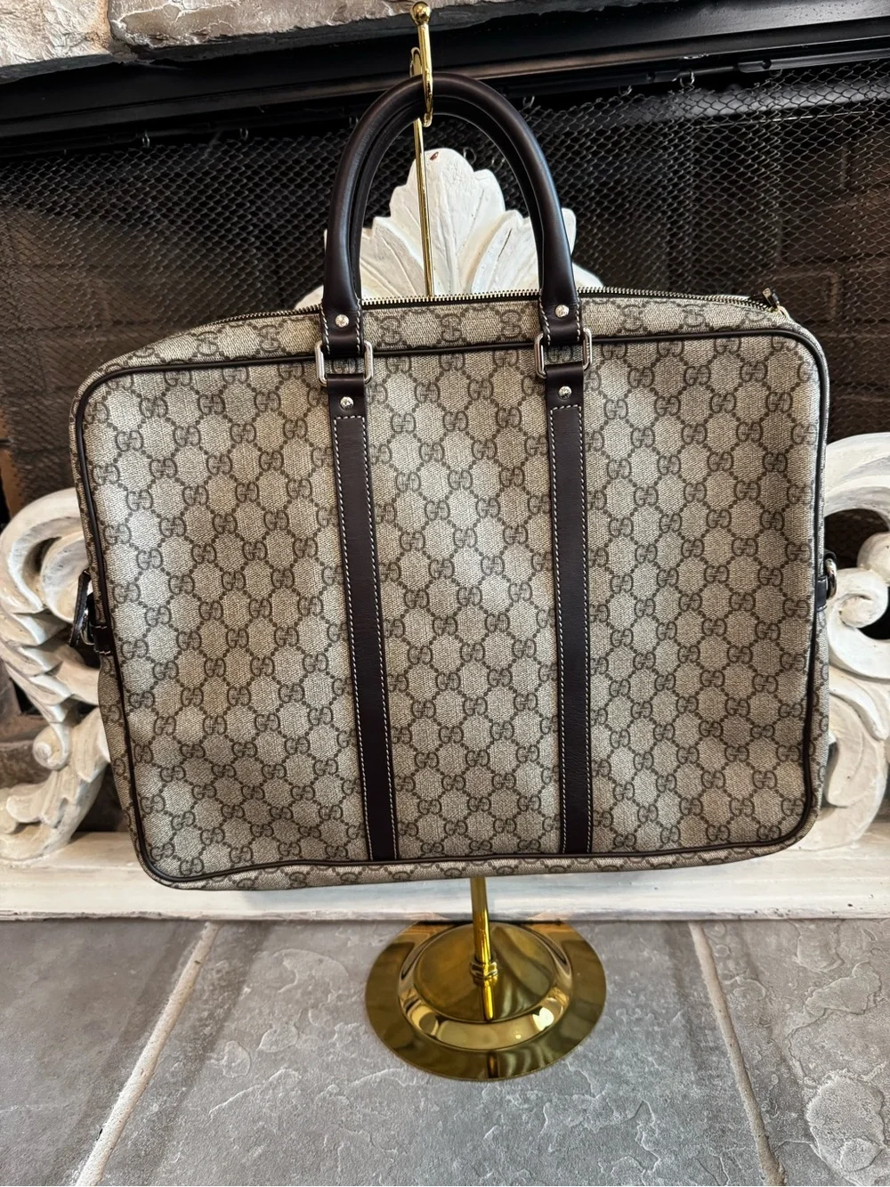 Gucci Beige GG Supreme Canvas Briefcase with Dark Brown Trim and COA